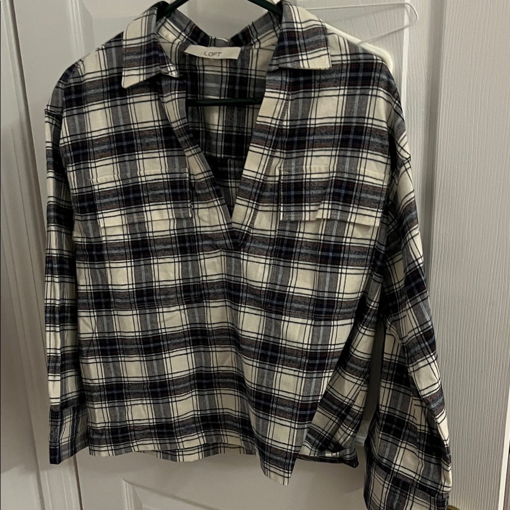 LOFT Ladies Casual Plaid Flannel Shirt brown, blue and White
